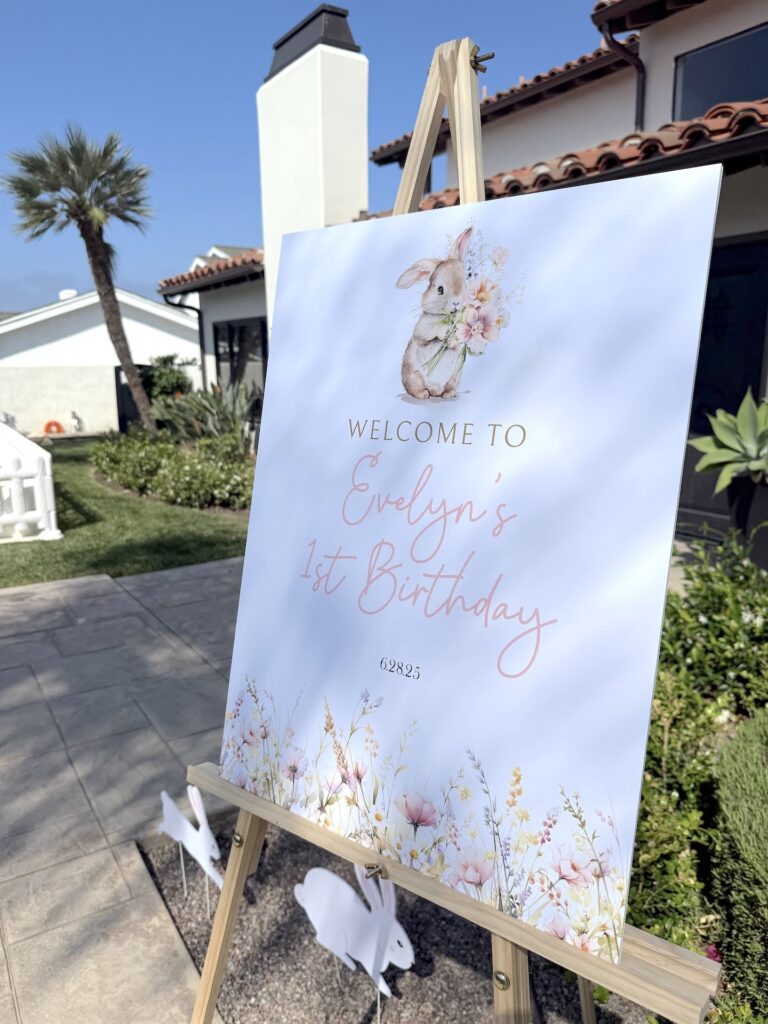 Garden Bunny First Birthday Party in Capistrano Beach 2 Welcome Bunny Birthday Sign